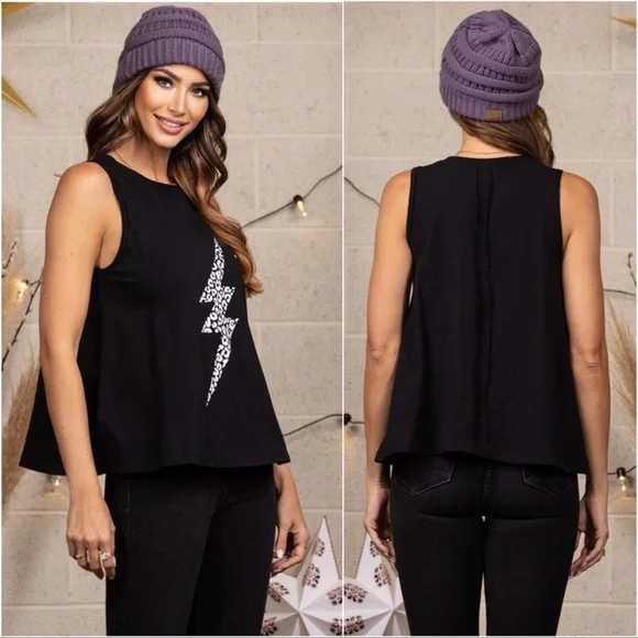 🖤LAST1️⃣New USA MADE Lightning Bolt Leopard Detail Black Sleeveless Tank Top🖤 - Picture 3 of 3